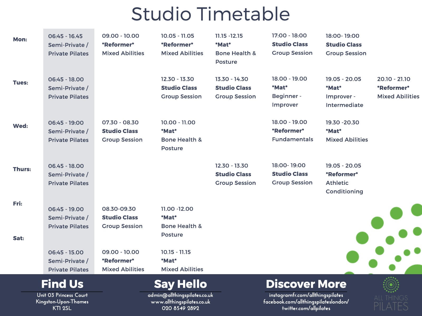 All Things Pilates Timetable Classes